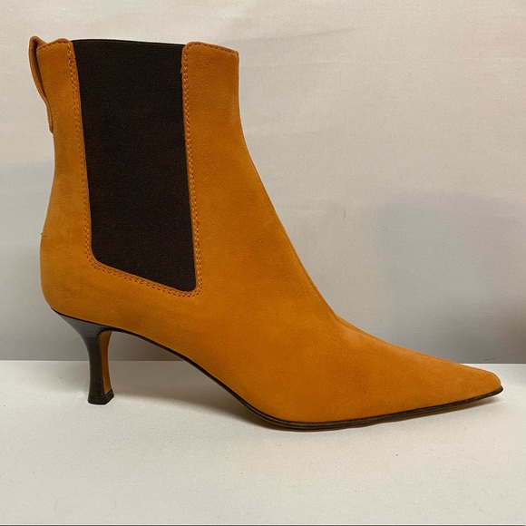 LAMBERTSON TRUEX Orange Suede Pointy Toe Kitten Heels Ankle Boots 36.5 Euro 6 US - Picture 2 of 16